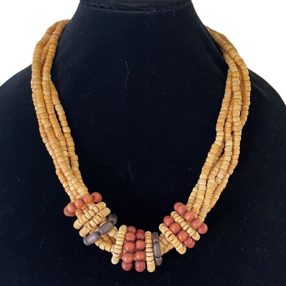 Vintage Handmade African Multi Strand Wood Beaded Boho Hippie Statement Necklace